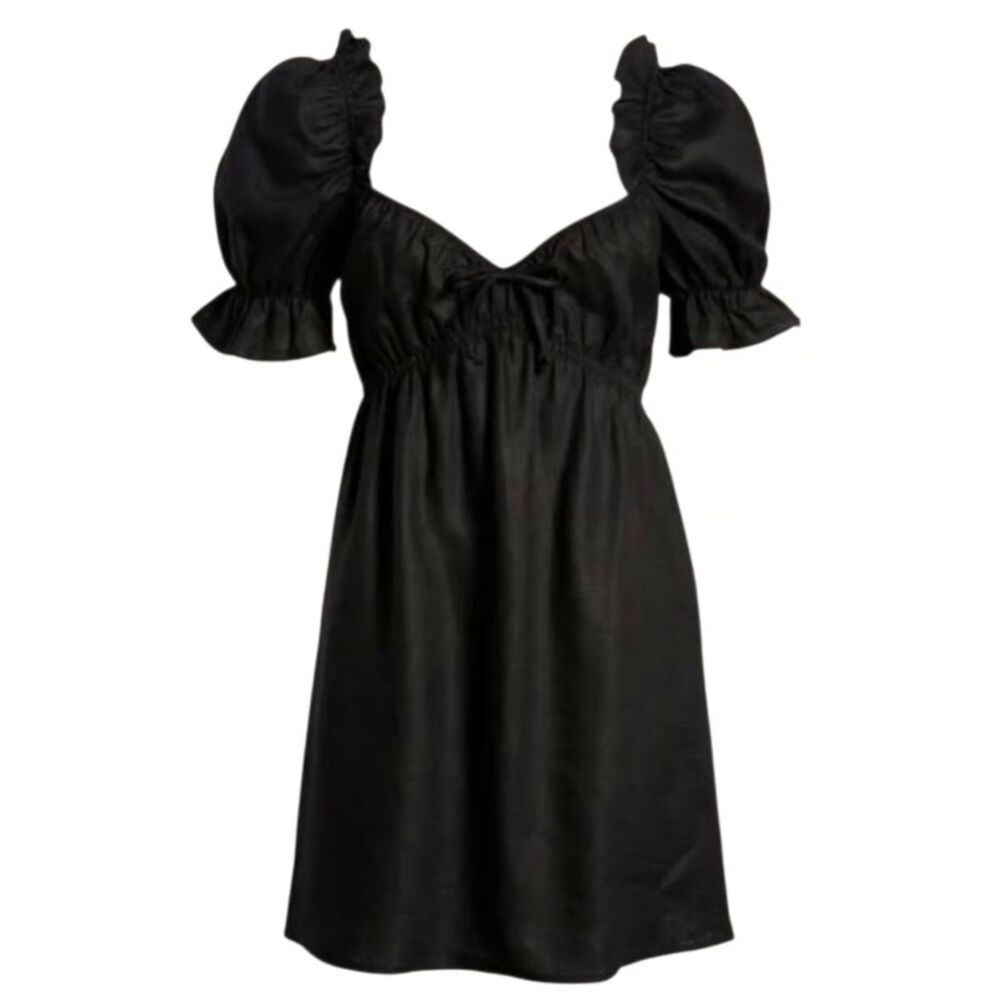 Reformation Channa Linen Puff Sleeve Babydoll Mini Dress Black Size Small